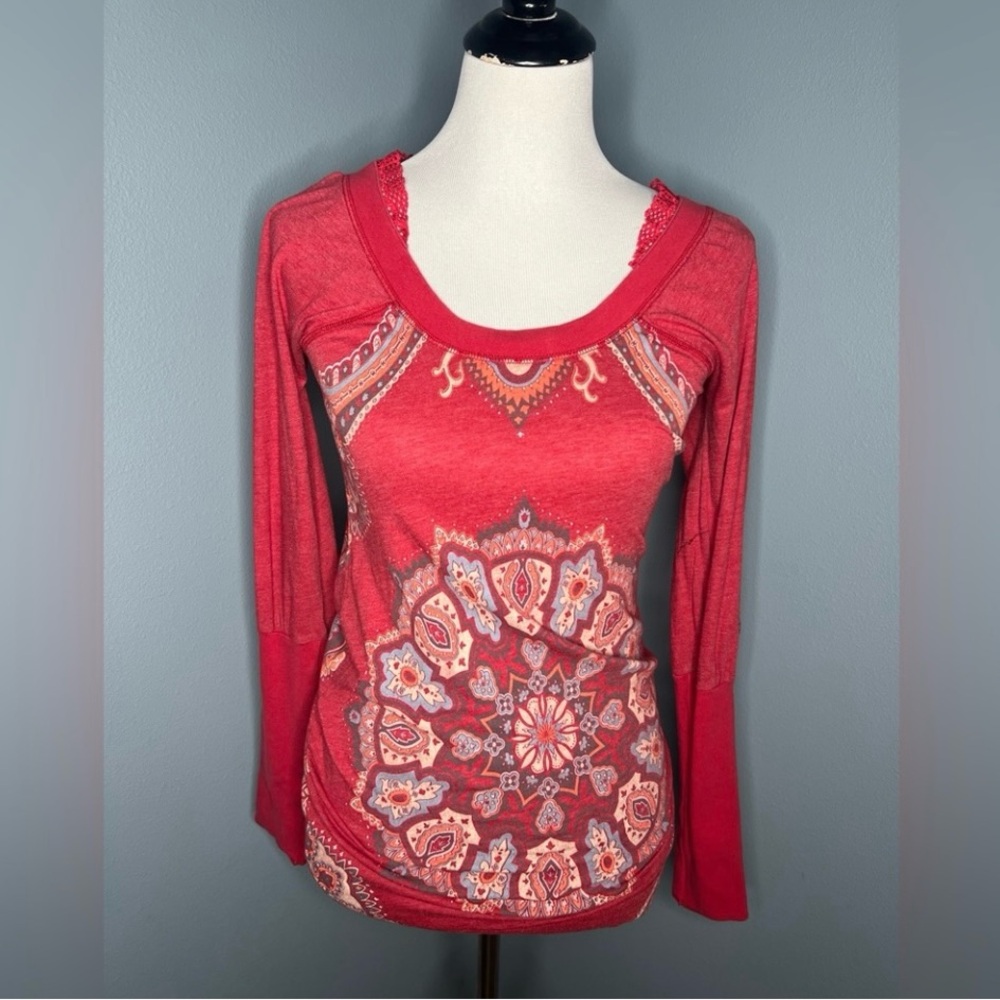 Free People Kaleidoscope Print Long Sleeve Top with Lace Accents Size Medium